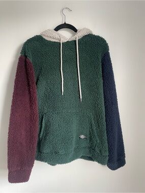BKC Fuzzy Sherpa Maroon Green Navy White Color Block Hoodie Size L